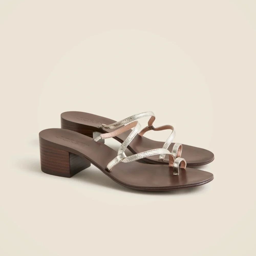 J. Crew Metallic and Brown Strappy Toe Ring Sandals, Stacked 2” Block Heel, 6